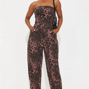 Strapless Pink Leopard Print Jumpsuit
